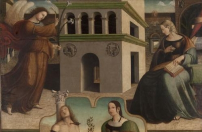 Francesco Fantoni da Norcia (attr.), Annunciazione e i santi Sebastiano e Caterina d'Alessandria