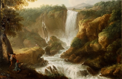 Jan Frans van Bloemen, detto l’Orizzonte (attr.) (Anversa 1662- Roma 1749) La Cascata delle Marmore a Terni con un artista che disegna in primo piano